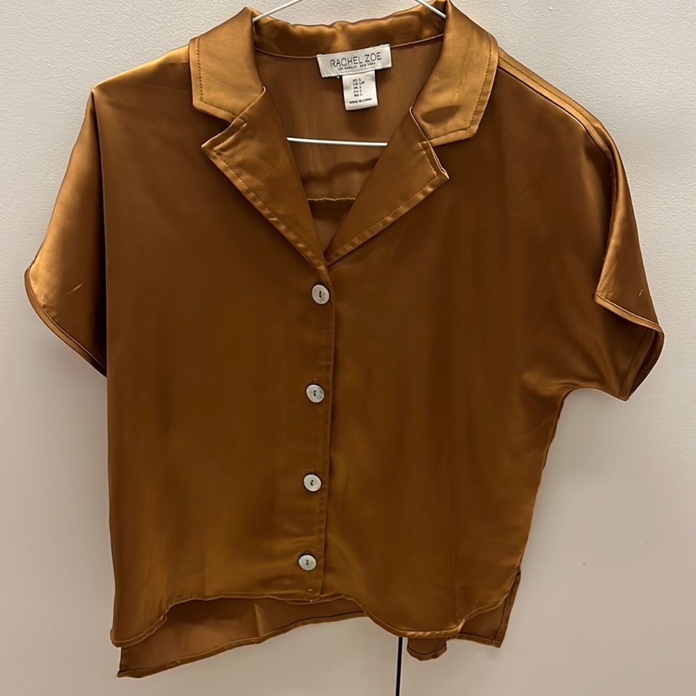 RACHEL ZOE faux silk blouse gold champagne color
